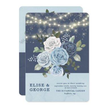 Dusty Blue Navy Peony Country Lights Wedding Invitations