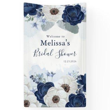 Dusty Blue Navy Script Floral Bridal Shower Banner