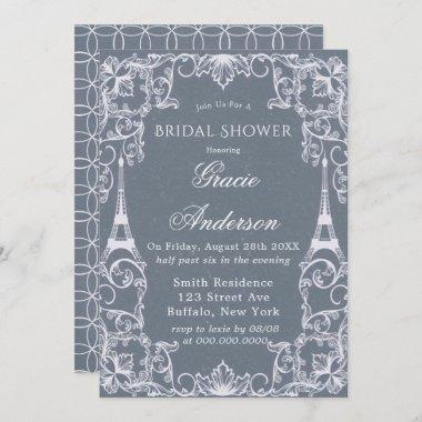 Dusty Blue Paris France Bridal Shower Invitations