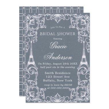 Dusty Blue Paris France Bridal Shower Invitations