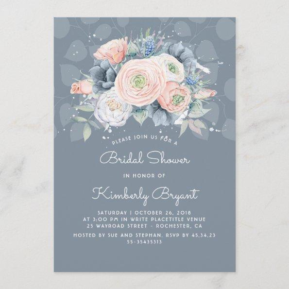 Dusty Blue Peach and Pink Floral Bridal Shower Invitations