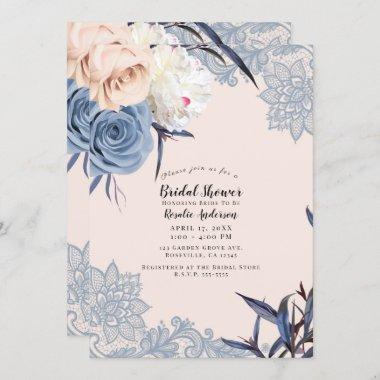 Dusty Blue & Peach Floral Lace Bridal Shower Invitations