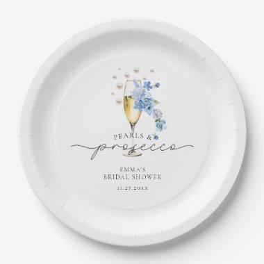 Dusty Blue Pearls & Prosecco Bridal Shower Paper Plates