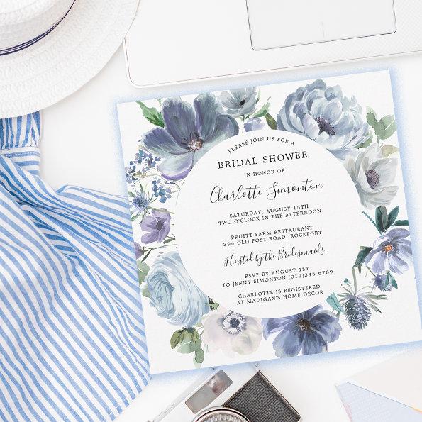 Dusty Blue Peony Floral Bridal Shower Square Invitations