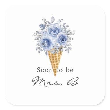 Dusty Blue Peony Ice Cream Cone Bridal Shower Square Sticker