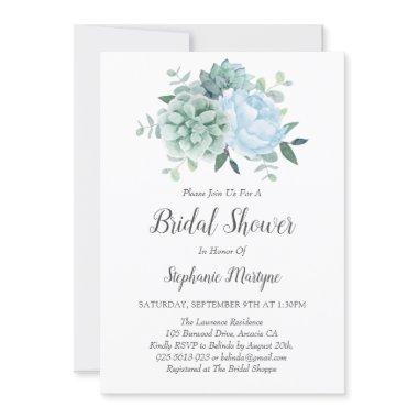 Dusty Blue Peony Succulents Bridal Shower Invitations