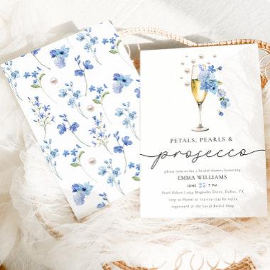 Dusty Blue Petals Pearls & Prosecco Bridal Shower Invitations