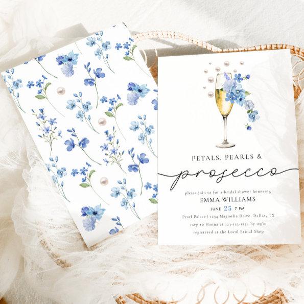 Dusty Blue Petals Pearls & Prosecco Bridal Shower Invitations