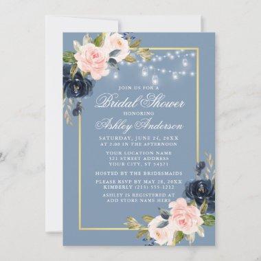 Dusty Blue Pink Floral Jar Lights Bridal Shower Invitations