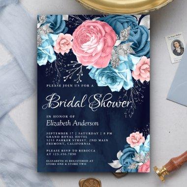 Dusty Blue Pink Floral Rose Navy
