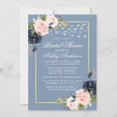 Dusty Blue Pink Floral String Lights Bridal Shower Invitations
