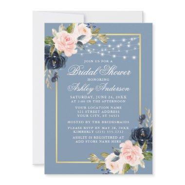 Dusty Blue Pink Floral String Lights Bridal Shower Invitations