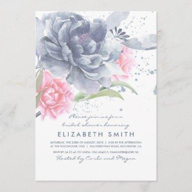 Dusty Blue Pink Floral Watercolor Bridal Shower Invitations