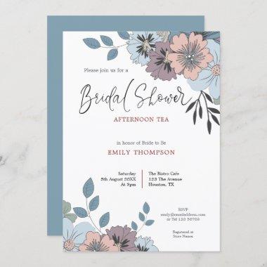 Dusty Blue Pink Florals Script Bridal Shower Tea Invitations