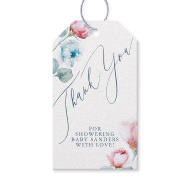 Dusty Blue Pink Flowers Elegant Thank You Gift Gift Tags