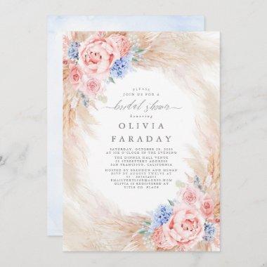Dusty Blue Pink Flowers Pampas Grass Bridal Shower Invitations