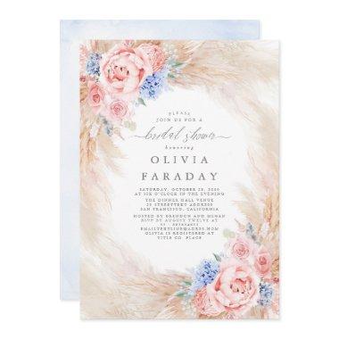 Dusty Blue Pink Flowers Pampas Grass Bridal Shower Invitations