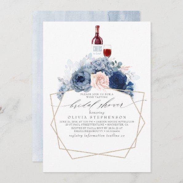 Dusty Blue Pink Flowers Wine Tasting Bridal Shower Invitations