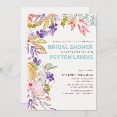 Dusty Blue Pink Fruit Floral Bridal Shower Invitations