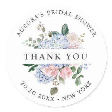 Dusty Blue Pink hydrangeas Bridal shower thank you Classic Round Sticker