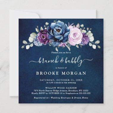Dusty Blue Purple Navy Lilac Bloom Brunch & Bubbly Invitations