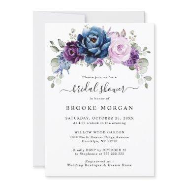 Dusty Blue Purple Navy Lilac Blooms Bridal Shower Invitations