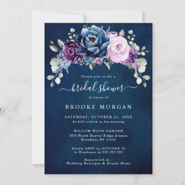 Dusty Blue Purple Navy Lilac Blooms Bridal Shower Invitations