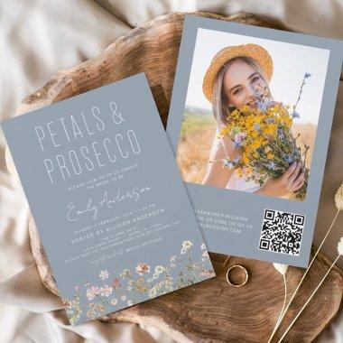 Dusty Blue QR Code Wildflower Petals & Prosecco Flyer