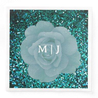 Dusty Blue Rose Glittery Monogram Elegant Wedding Paper Dinner Napkins
