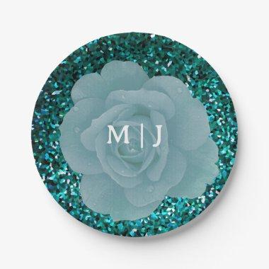 Dusty Blue Rose Glittery Monogram Elegant Wedding Paper Plates