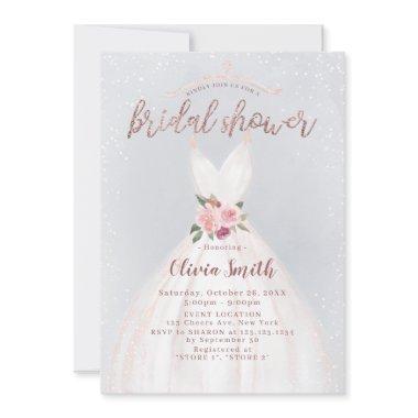 Dusty Blue Rose Gold Elegant Dress Bridal Shower Invitations