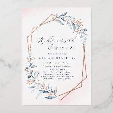 Dusty Blue Rose Gold Rustic Rehearsal Dinner Foil Invitations