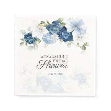 Dusty Blue Script Floral Bridal Shower Paper Napkins