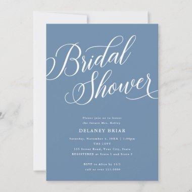 Dusty Blue Script Flourish Modern Bridal Shower Invitations