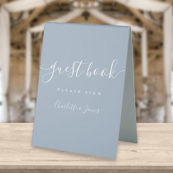 Dusty Blue Signature Script Guest Book Table Tent Sign