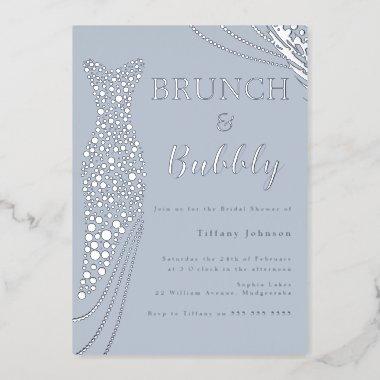 Dusty Blue & Silver Bridal Shower Brunch & Bubbly Foil Invitations