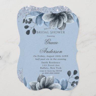 Dusty Blue Silver Floral Bridal Shower Invitations