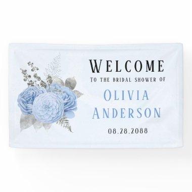 Dusty Blue Silver Glitter Florals Bridal Shower Banner