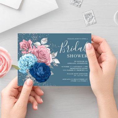 Dusty Blue Silver Pink Floral Bridal Shower Invitations