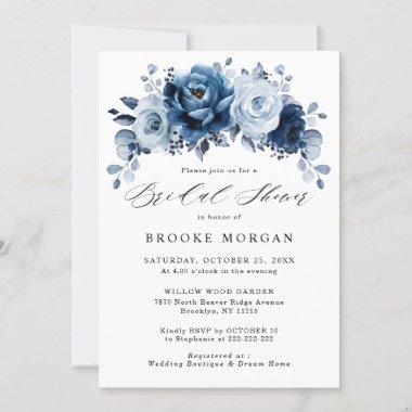 Dusty Blue Slate Navy Botanical Bridal Shower Invitations