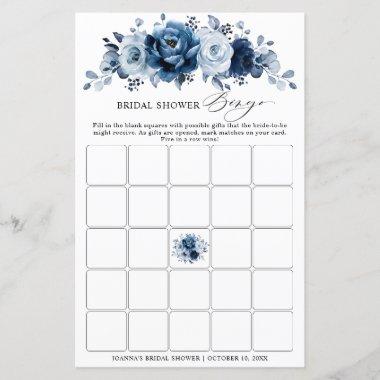Dusty Blue Slate Navy Floral Bridal Shower Bingo