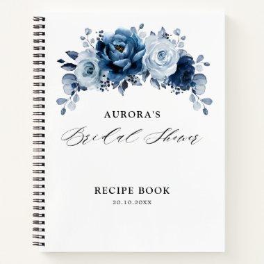 Dusty Blue Slate Navy Floral Bridal Shower Recipe Notebook