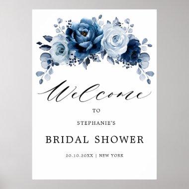 Dusty Blue Slate Navy Floral Bridal Shower Welcome Poster