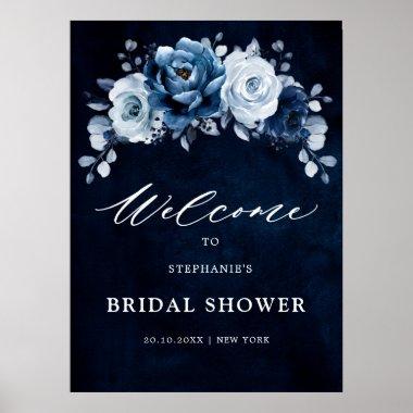 Dusty Blue Slate Navy Floral Bridal Shower Welcome Poster