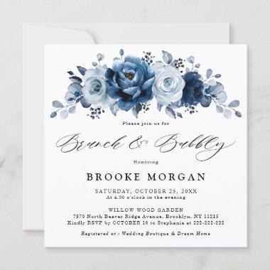 Dusty Blue Slate Navy Floral Brunch and Bubbly Invitations