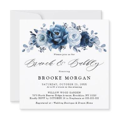 Dusty Blue Slate Navy Floral Brunch and Bubbly Invitations