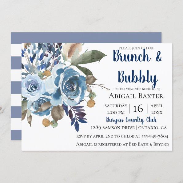 Dusty Blue Stripe Floral Bridal Brunch Invitations