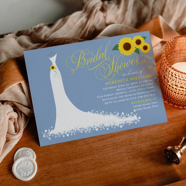 Dusty Blue Sunflower Wedding Gown Bridal Shower Invitations
