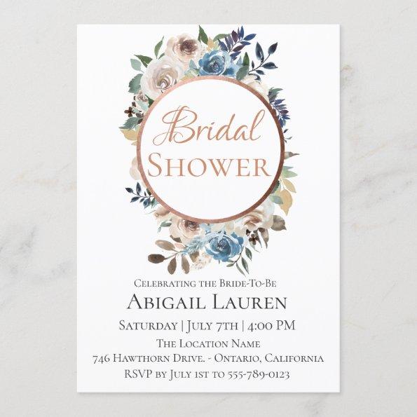 Dusty Blue Taupe Floral Bridal Shower Invitations