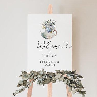 Dusty blue tea party baby shower welcome foam board